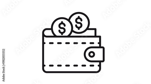 Minimalist black line art vector icon illustration of a leather wallet with dollar coins, representing finance, savings, money management, banking, and payment concepts on a white background.