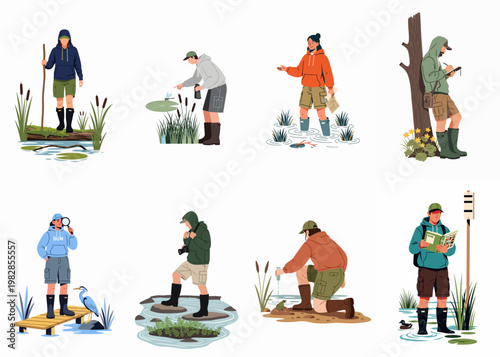 Set of eight flat illustrations depicting diverse people exploring nature, studying wildlife, and conducting environmental research in wetland and marshy landscapes.