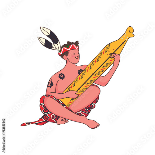 A lively performance of a Dayak man playing the Sape musical instrument. Featuring ornate tribal attire and traditional tattoos, this clip art celebrates Indonesian ethnic heritage.