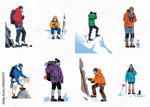 Vector illustrations of mountain climbers in high-altitude gear, featuring alpinists with backpacks, oxygen masks, and climbing equipment on snowy peaks.