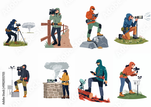 Collection of flat style illustrations featuring storm chasers and meteorologists documenting tornadoes and extreme weather with professional equipment and gear.