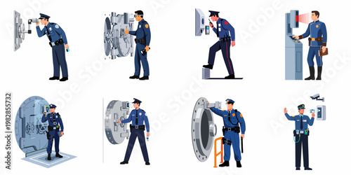 Security officers and police using biometric authentication, facial recognition, and retinal scans to access high-security bank vaults and restricted areas.