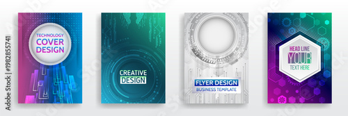 Futuristic technology cover templates with vibrant gradients, digital circuits, and geometric elements. Ideal for brochures, flyers, and modern business or corporate branding projects.