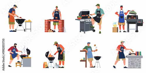 Set of diverse men wearing Grill Master aprons and cooking on various types of outdoor barbecue grills, smokers, and brick ovens.