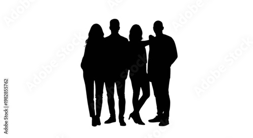 Four silhouetted individuals standing closely together in a group isolated on transparent background, Vector