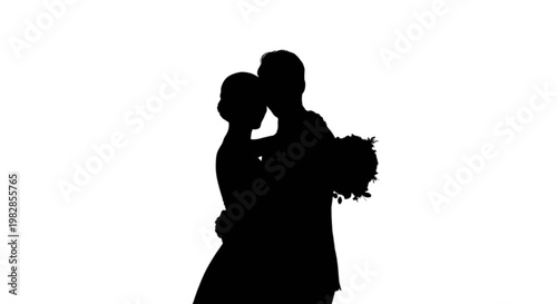 Couple dancing closely together in silhouette holding a bouquet isolated on transparent background, Vector