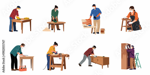 Flat illustration set of people restoring and refinishing wooden furniture including tables, stools, and cabinets with various tools.
