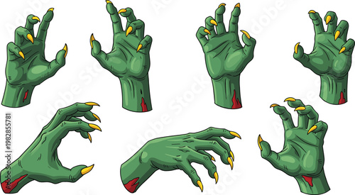 Zombie Hand Claw Pose Set Featuring Creepy Undead Monster Hands with Sharp Nails, Horror Details, and Scary Halloween Elements in Detailed Vector Illustration Style.