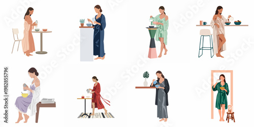 Set of eight minimalist flat illustrations of women wearing silk robes and loungewear while enjoying their morning routine and breakfast.