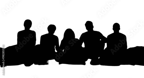 Five silhouetted individuals sitting closely together in a relaxed pose isolated on transparent background, Vector