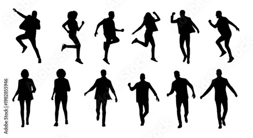 Sequence of silhouette figures in dynamic running poses isolated on transparent background, Vector