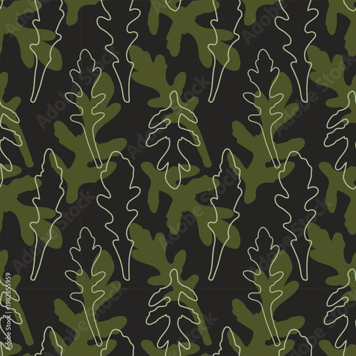 Pattern of Arugula Rucola Leaves in Dark Botanical Style with Silhouettes and Line Art for Gourmet Food Packaging, Organic Salad Branding, Restaurant Menu Design and Kitchen Textiles