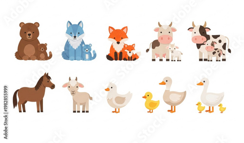Cute animal family vector bundle with cubs baby animals and parents set