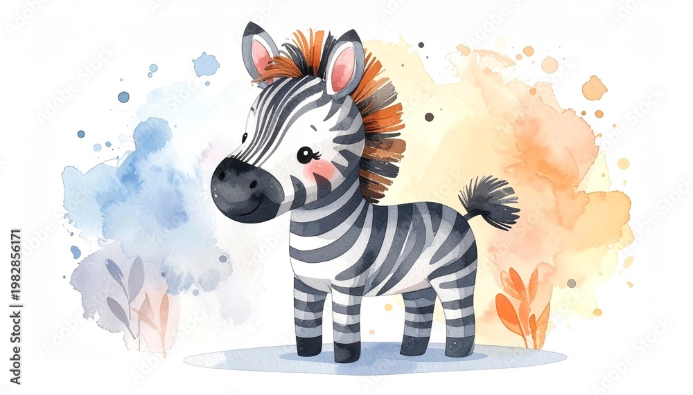 Fototapeta premium Minimalist watercolor illustration of Cute cartoon zebra