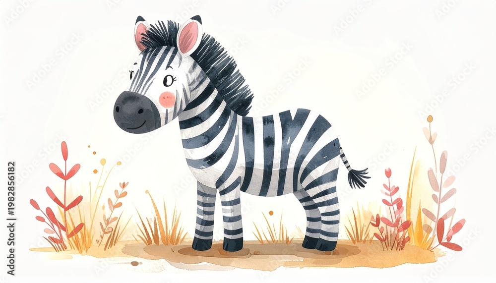 Fototapeta premium Minimalist watercolor illustration of Cute cartoon zebra