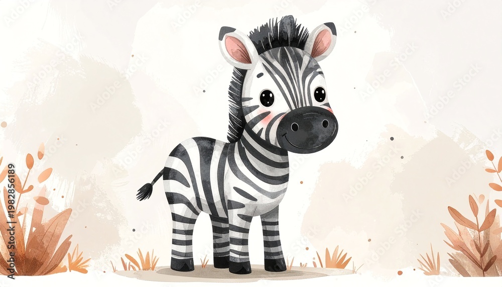Fototapeta premium Minimalist watercolor illustration of Cute cartoon zebra