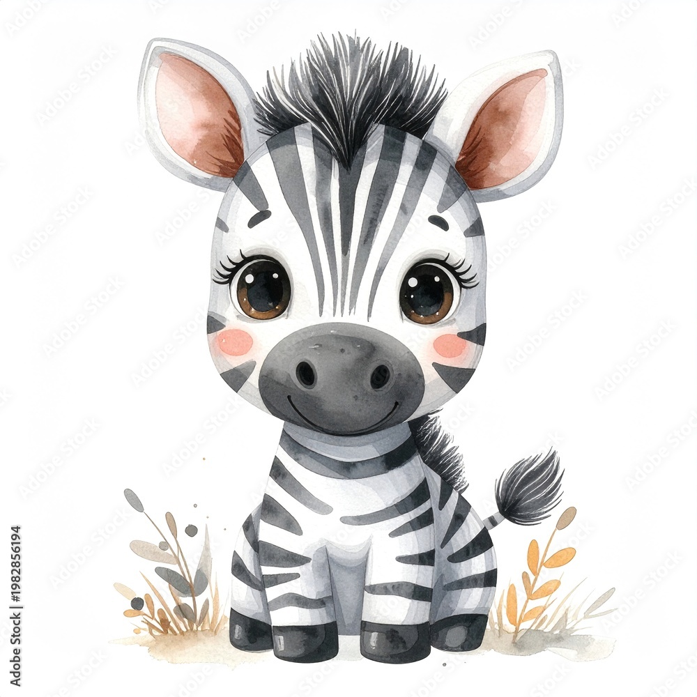 Fototapeta premium Minimalist watercolor illustration of Cute cartoon zebra