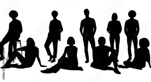Silhouettes of seven people standing and sitting in a relaxed formation isolated on transparent background, Vector
