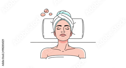 Serene woman with a towel wrapped around her head, experiencing a peaceful spa treatment or deep relaxation, embodying a moment of self-care and wellness
