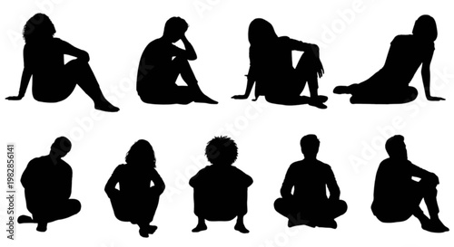 Silhouettes of people sitting in various relaxed postures isolated on transparent background, Vector