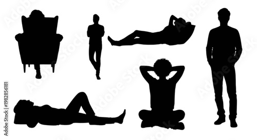 Silhouettes of people in various relaxed and active poses isolated on transparent background, Vector