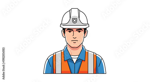 A professional male construction worker wearing a white safety hard hat and a bright orange reflective vest stands confidently against a plain white background.
