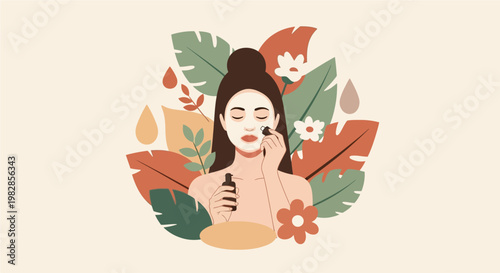Woman applying facial serum, surrounded by botanical elements, representing a healthy skincare routine and natural beauty