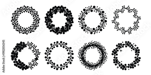 Hand drawn floral wreath collection, 8 black botanical circular frames, decorative leaf and berry border set, rustic wedding invitation vector elements