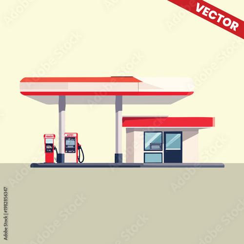 Petrol Station Concept with Fuel Pumps and Small Convenience Store Building Vector. Gas Station Infrastructure for Automotive Refill and Road Trip Energy Supply Service Illustration.