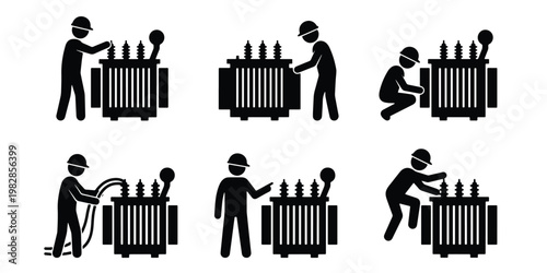 Industrial electrician stick figure icons, electrical transformer maintenance and repair set, technician working on power station equipment vector