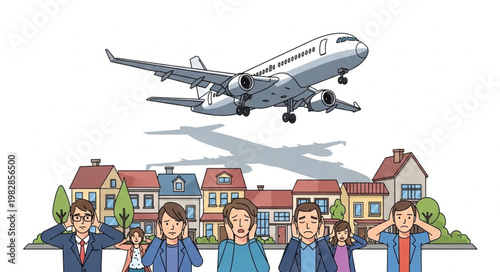Airplane flying over residential neighborhood with people covering ears.