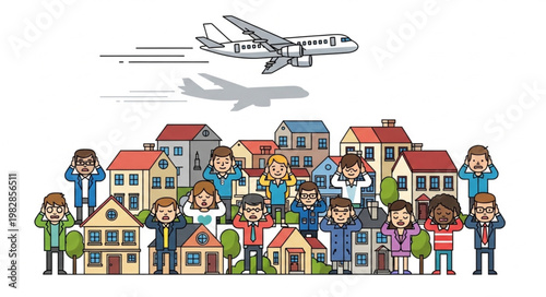 Airplane flying over neighborhood with people covering ears.