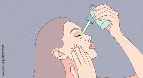 Illustration of a woman applying serum to her face with a dropper for skincare