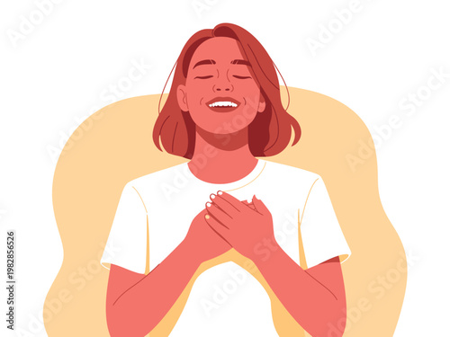 A smiling woman with her hands clasped together in a peaceful and serene expression