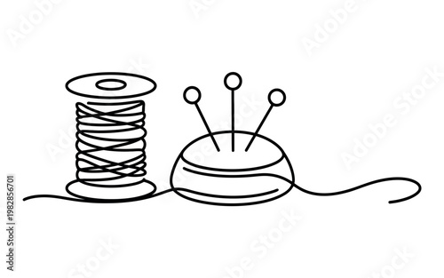 A simple line drawing of a spool of thread and a pincushion with pins