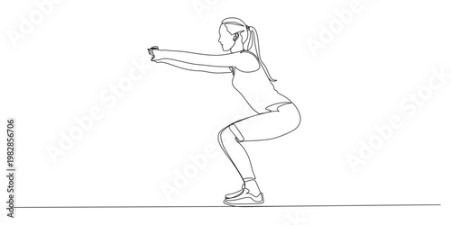 Minimalist Continuous Line Drawing of Woman Performing Bodyweight Squat Exercise Side View