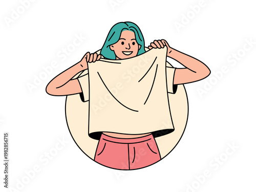 A cartoon woman holding up a piece of fabric with a happy expression on her face