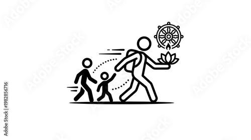 Family Walking Towards Spiritual Growth with Wheel of Dharma