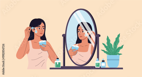 Illustration of a young woman applying skincare products to her face in front of a mirror, reflecting her beauty routine