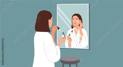 Woman in a white robe applies a hydrating facial serum with a dropper to her face, looking at her reflection in a mirror as part of her daily beauty and self-care routine