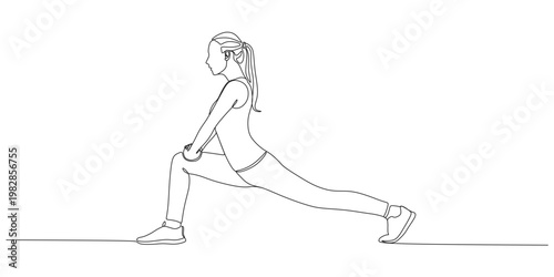 Minimalist Continuous Line Drawing of Woman Performing Forward Lunge Exercise in Side View