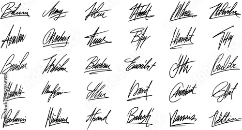 Collection of elegant handwritten signatures in black and white line art and script calligraphy style, ideal for personal branding, digital identity, document authentication,