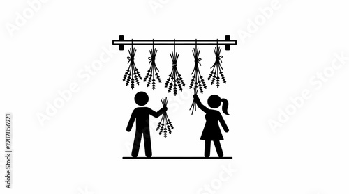 People Harvesting and Drying Herbs in Simple Stick Figure Style