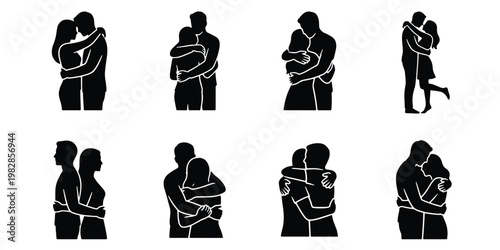 Romantic couple hugging silhouettes, set of 8 black vector icons, intimate man and woman embracing, love and relationship symbols for wedding design