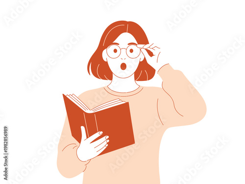 A surprised woman wearing glasses holds a book and touches her eyebrow thoughtfully