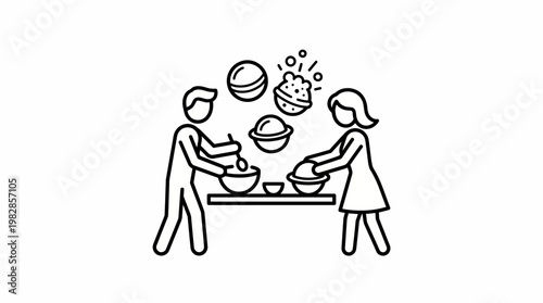People Preparing and Baking Food Line Art