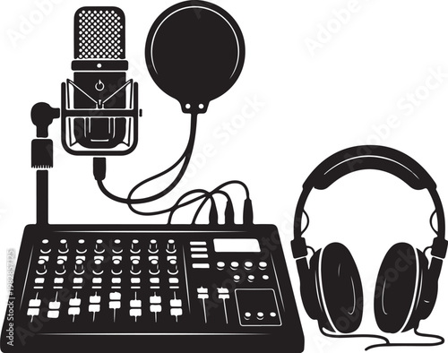 Professional recording studio equipment, microphone, headphones, audio mixer, podcasting gear