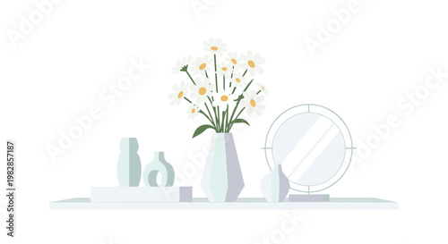 Minimalist interior design illustration featuring a white geometric vase filled with fresh daisies alongside decorative ceramic vessels and a circular mirror on a shelf.