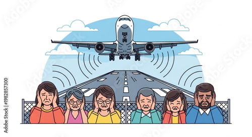 Airplane Noise Disturbs People Near Airport Runway.