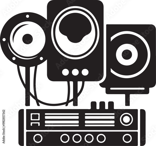 Sound system, speaker icons, audio equipment, music vector
